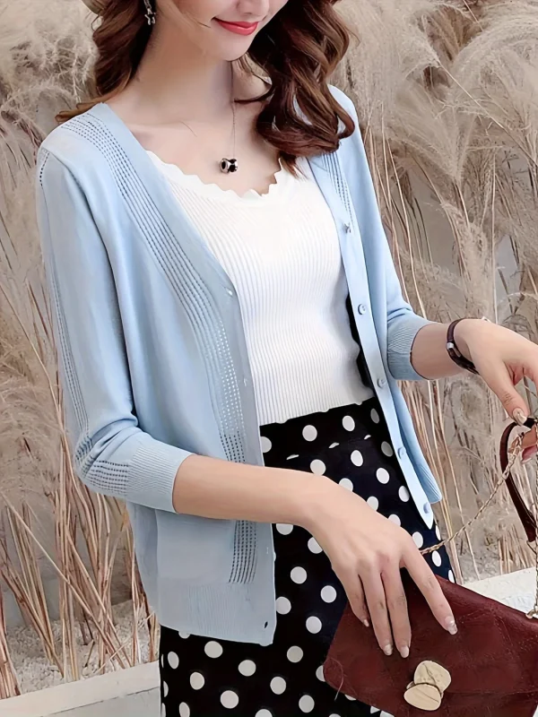 Women'S V-Neck Cardigan with Three-Quarter Sleeves, Thin Sweater - 图片 2