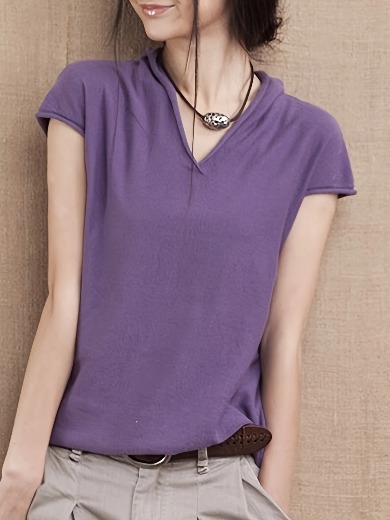 Fine New Solid Color T-Shirt Women'S V-Neck Short Sleeve Loose Casual Sweater Top - 图片 8
