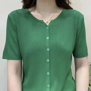 Ice Fiber Fabric Short-Sleeve T-Shirt for Women, Summer Lightweight Style, High-End Feel, Elegant Temperament, Small Cardigan, Slim Fit,, Versatile V-Neck Top