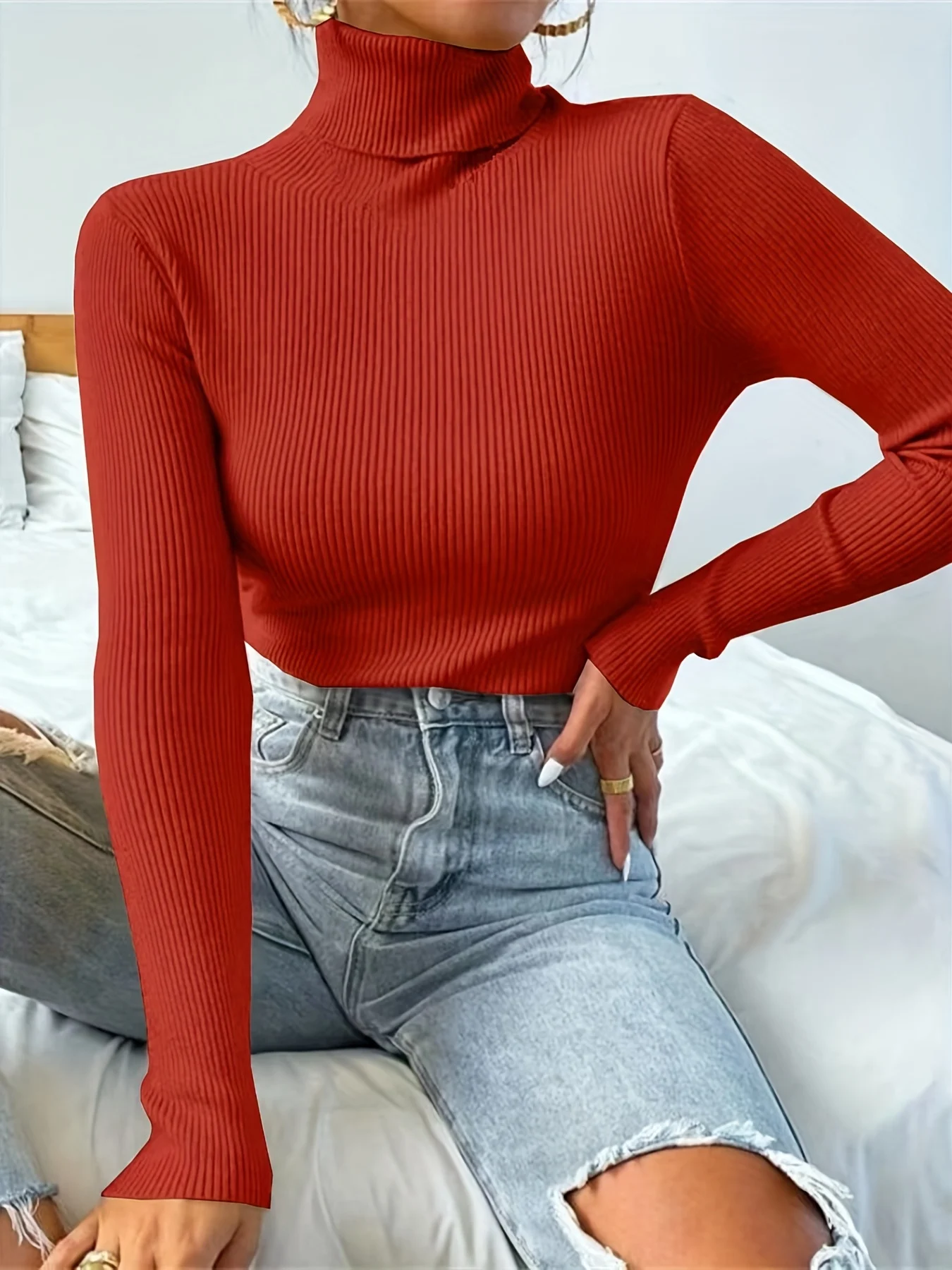 Solid Turtle Neck Sweater, Casual Long Sleeve Sweater For Fall & Winter, Women's Clothing - 图片 11