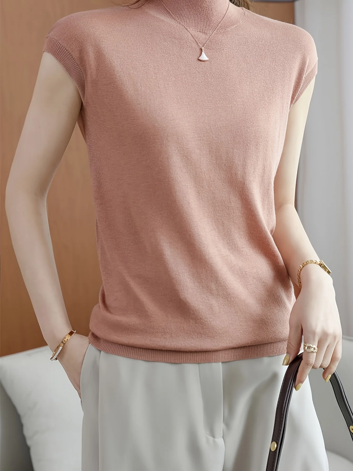 New Light Mature Style Temperament Top Ice Sweater Women'S Summer Thin Semi-High Neck Short Sleeve T-Shirt Fashion Top - 图片 16