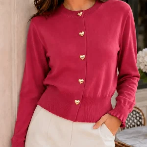 French Retro Heart Brooch Cardigan Women'S Fall Winter New Gentle Style Round Neck Long Sleeve Short Top Versatile Commute Outerwear Sweater Coat