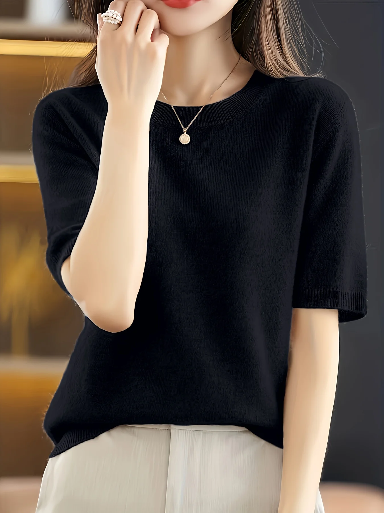 Self-developed Women's Short-sleeve Pullover Round-neck Half-sleeve Short Base Layer Shirt - 图片 6