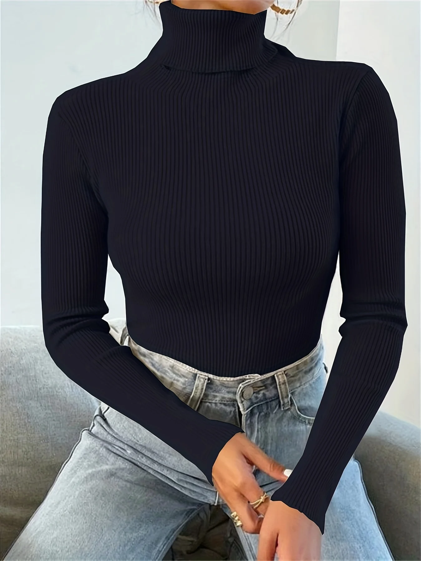 Solid Turtle Neck Sweater, Casual Long Sleeve Sweater For Fall & Winter, Women's Clothing - 图片 9