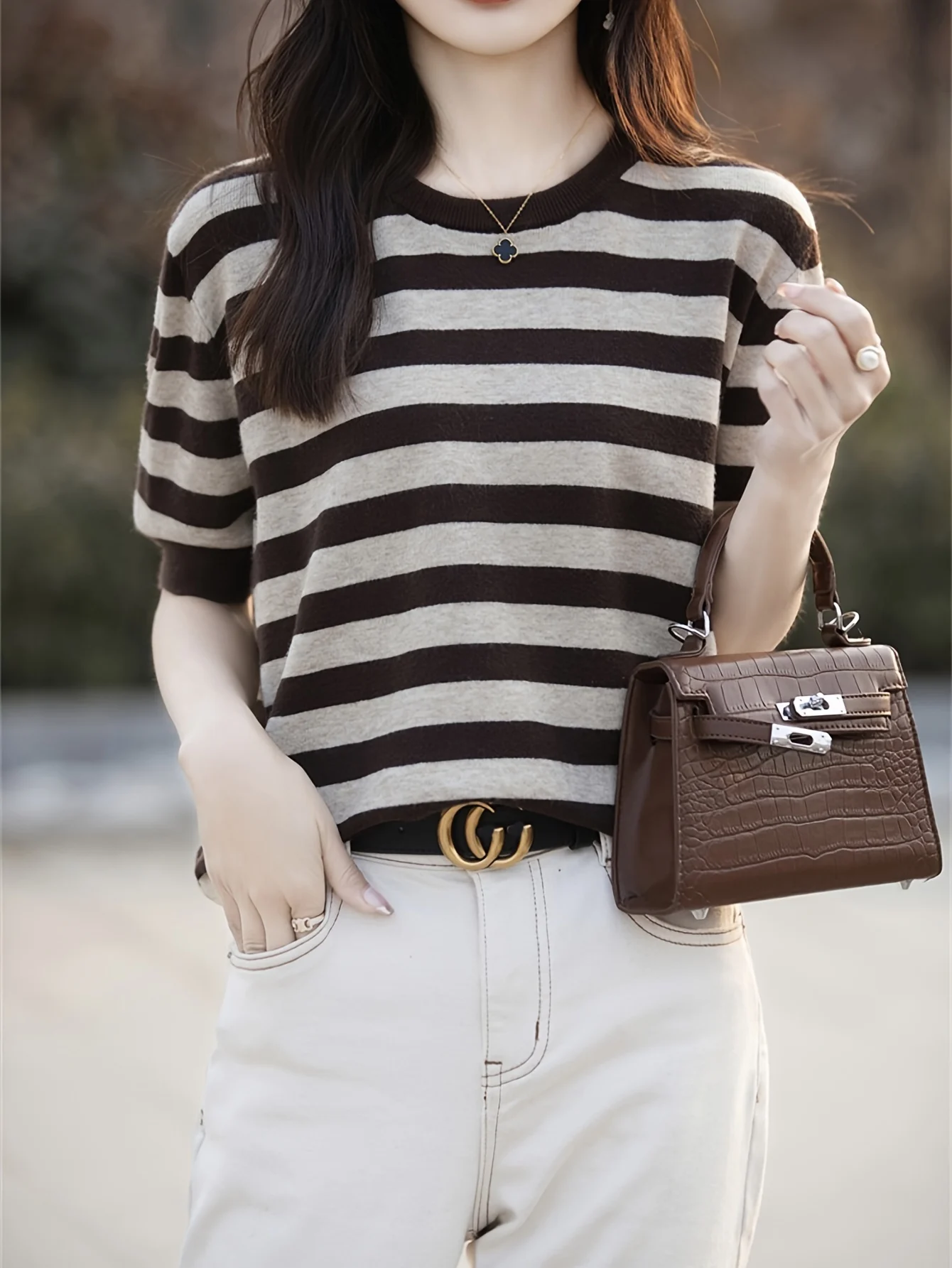 New Striped T-Shirt for Women, Loose Fit Crew Neck Pullover, Women's Short Sleeve T-Shirt, Straight Top for Women - 图片 23