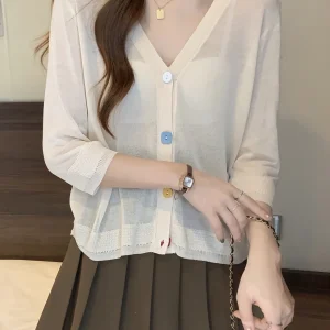 Fine Air-Conditioning Cover-Up Cardigan Women'S Thin Shirt Outer Loose Ice-Feeling V-Neck Top