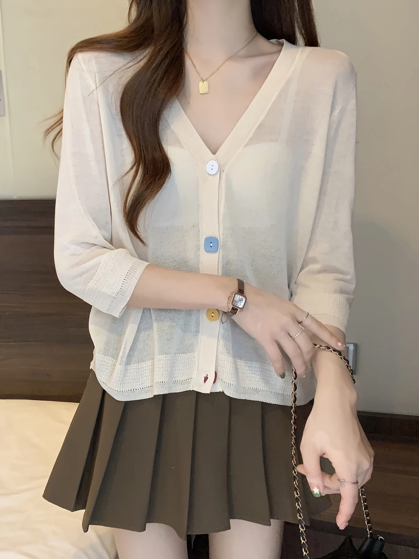 Fine Air-Conditioning Cover-Up Cardigan Women'S Thin Shirt Outer Loose Ice-Feeling V-Neck Top