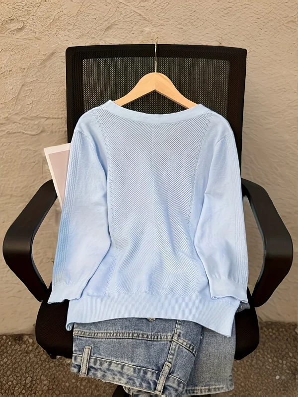 Women'S V-Neck Cardigan with Three-Quarter Sleeves, Thin Sweater - 图片 7