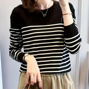 Striped Crew Neck Sweater, Casual Long Sleeve Sweater For Fall & Winter, Women's Clothing