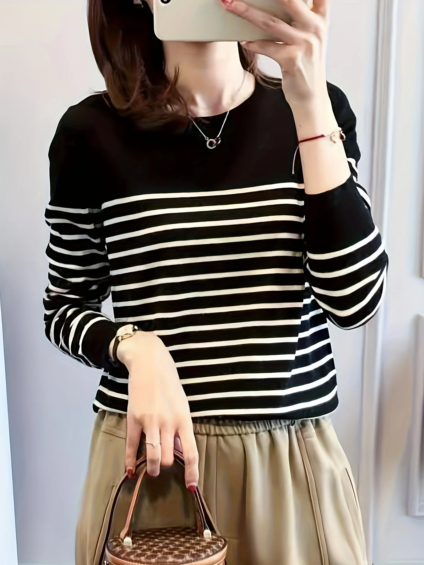 Striped Crew Neck Sweater, Casual Long Sleeve Sweater For Fall & Winter, Women's Clothing