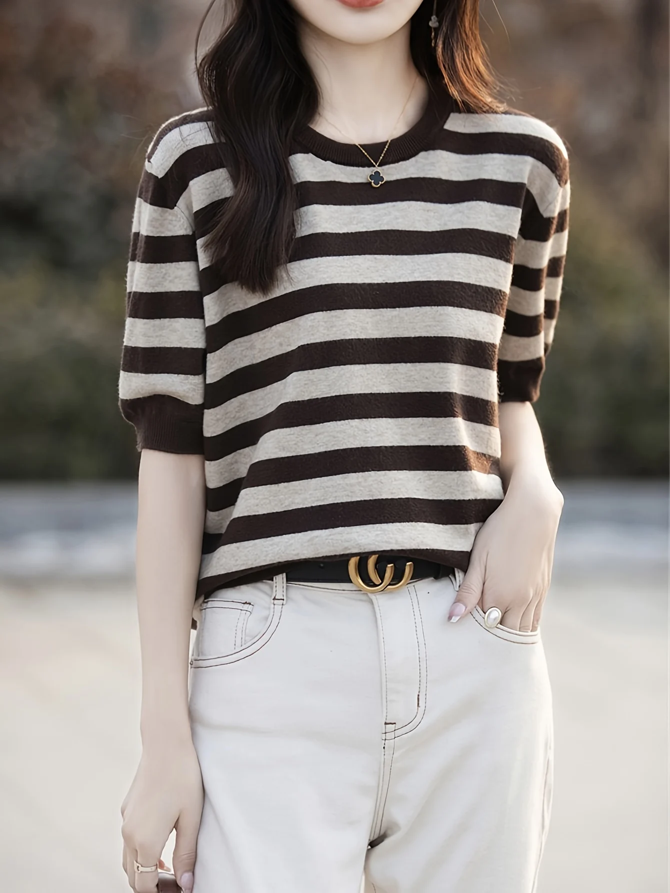 New Striped T-Shirt for Women, Loose Fit Crew Neck Pullover, Women's Short Sleeve T-Shirt, Straight Top for Women - 图片 17