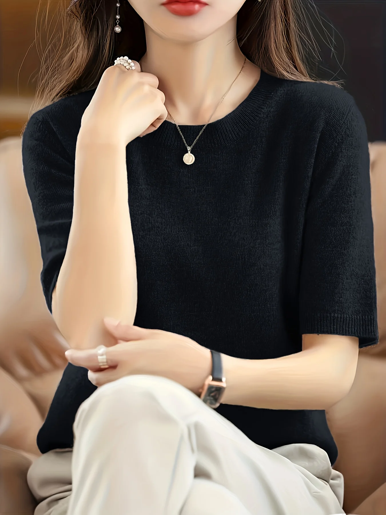 Self-developed Women's Short-sleeve Pullover Round-neck Half-sleeve Short Base Layer Shirt - 图片 20