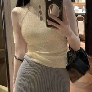 Fine- Semi-high Neck Sleeveless Cardigan Women's Inner Layer Summer Spring Autumn Top Base Layer Tight-fitting Hollow-out Shirt