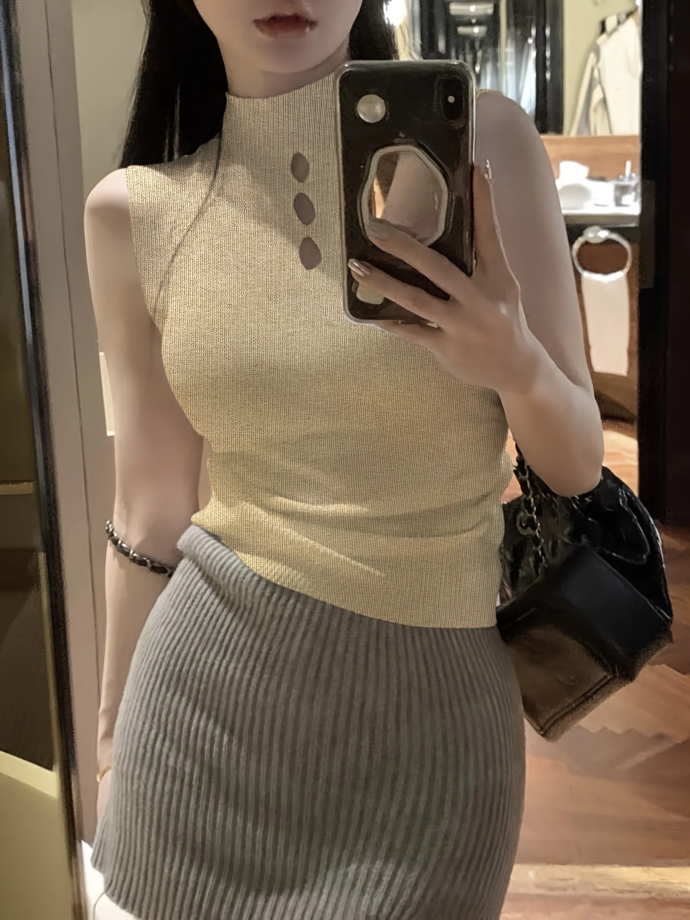 Fine- Semi-high Neck Sleeveless Cardigan Women's Inner Layer Summer Spring Autumn Top Base Layer Tight-fitting Hollow-out Shirt
