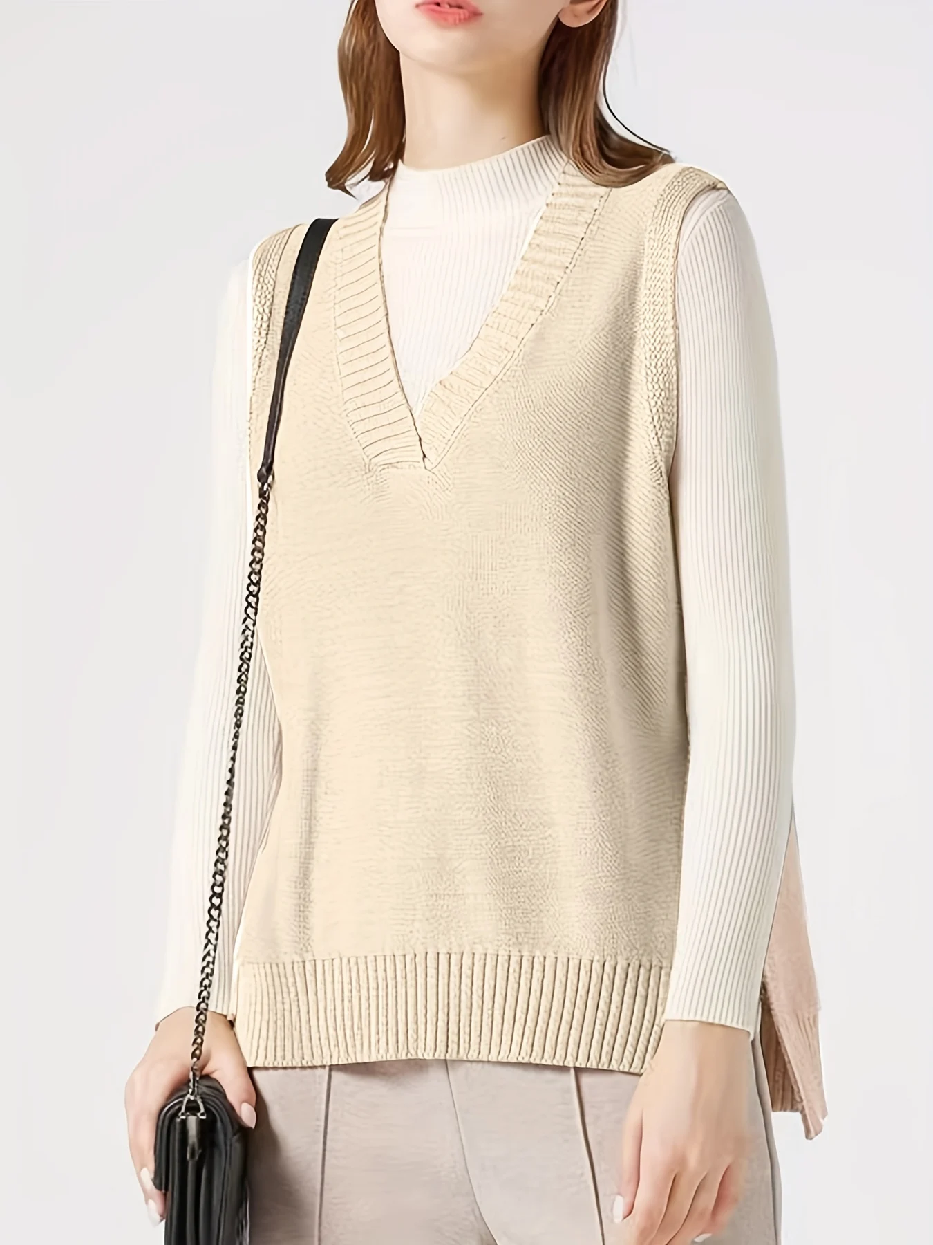 Valentine's Day Side Split V Neck Sweater Vest, Vacation Knitted Sleeveless Sweater Vest, Women's Clothing - 图片 5