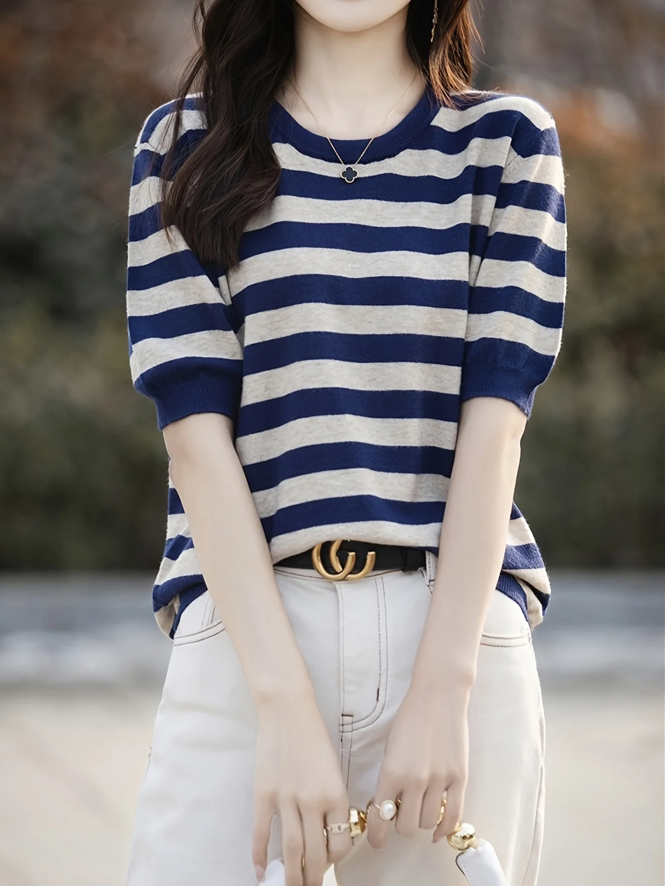 New Striped T-Shirt for Women, Loose Fit Crew Neck Pullover, Women's Short Sleeve T-Shirt, Straight Top for Women - 图片 14