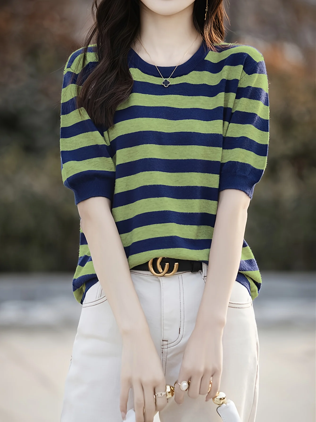 New Striped T-Shirt for Women, Loose Fit Crew Neck Pullover, Women's Short Sleeve T-Shirt, Straight Top for Women - 图片 10