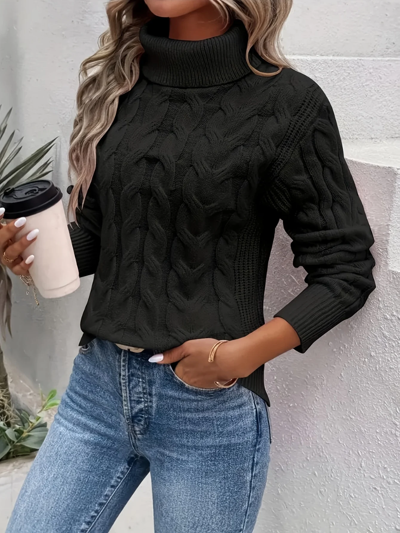 Chic Cable Knit Turtleneck Sweater for Women - Casual Long Sleeve, High Stretch, Solid Color Pullover - 图片 7