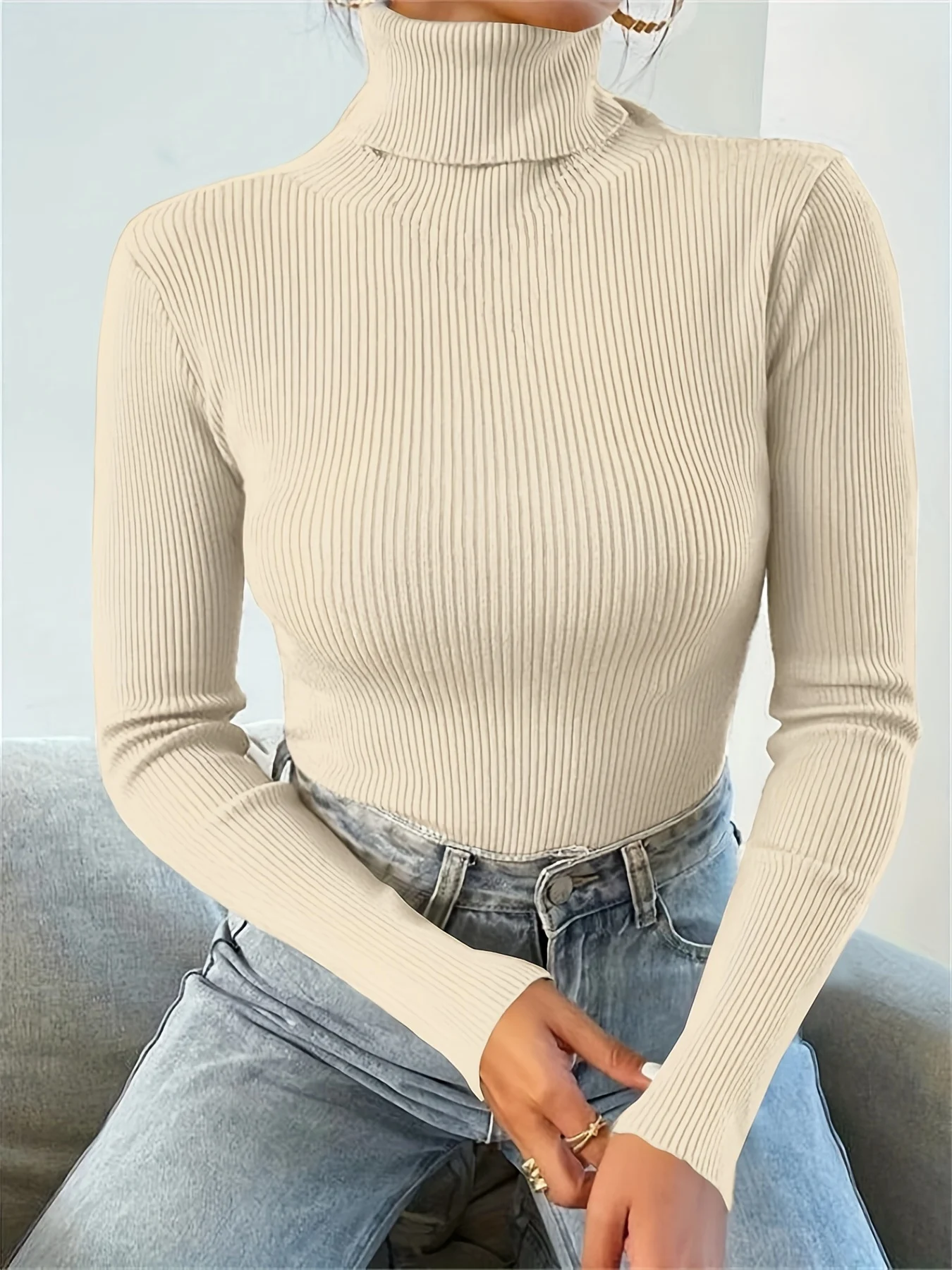 Solid Turtle Neck Sweater, Casual Long Sleeve Sweater For Fall & Winter, Women's Clothing - 图片 8