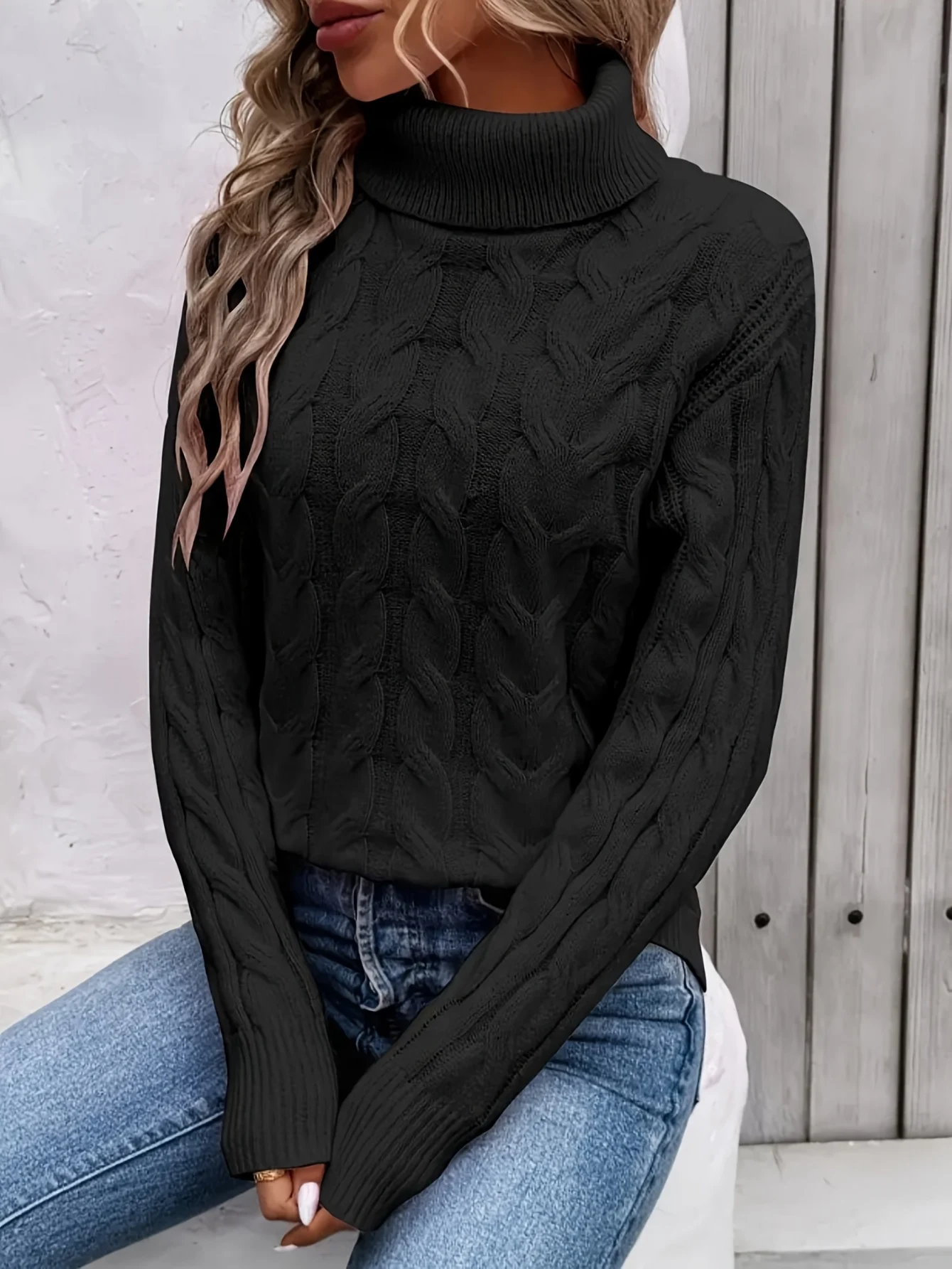 Chic Cable Knit Turtleneck Sweater for Women - Casual Long Sleeve, High Stretch, Solid Color Pullover - 图片 9