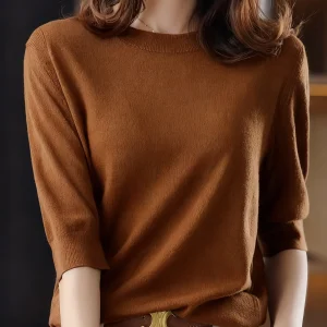 Fined Round Neck Short Sleeve Sweater Women'S Spring Autumn New Vintage Elegant Top Elbow Sleeve Base Layer