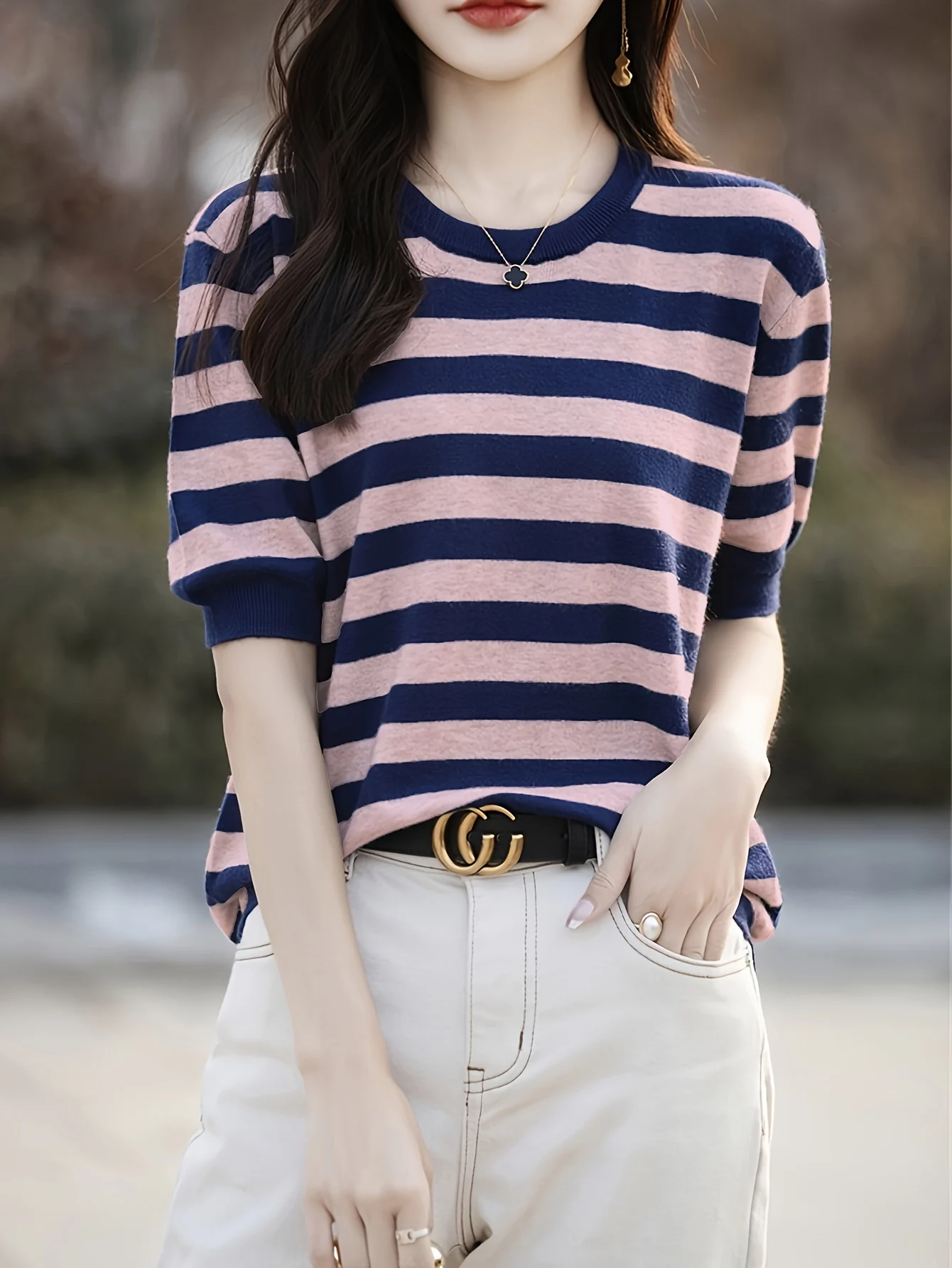 New Striped T-Shirt for Women, Loose Fit Crew Neck Pullover, Women's Short Sleeve T-Shirt, Straight Top for Women - 图片 20