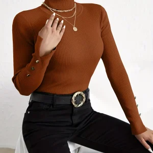 Solid Turtle Neck Slim Pullover Sweater, Casual Long Sleeve Fake Button Sweater For Fall & Winter, Women's Clothing