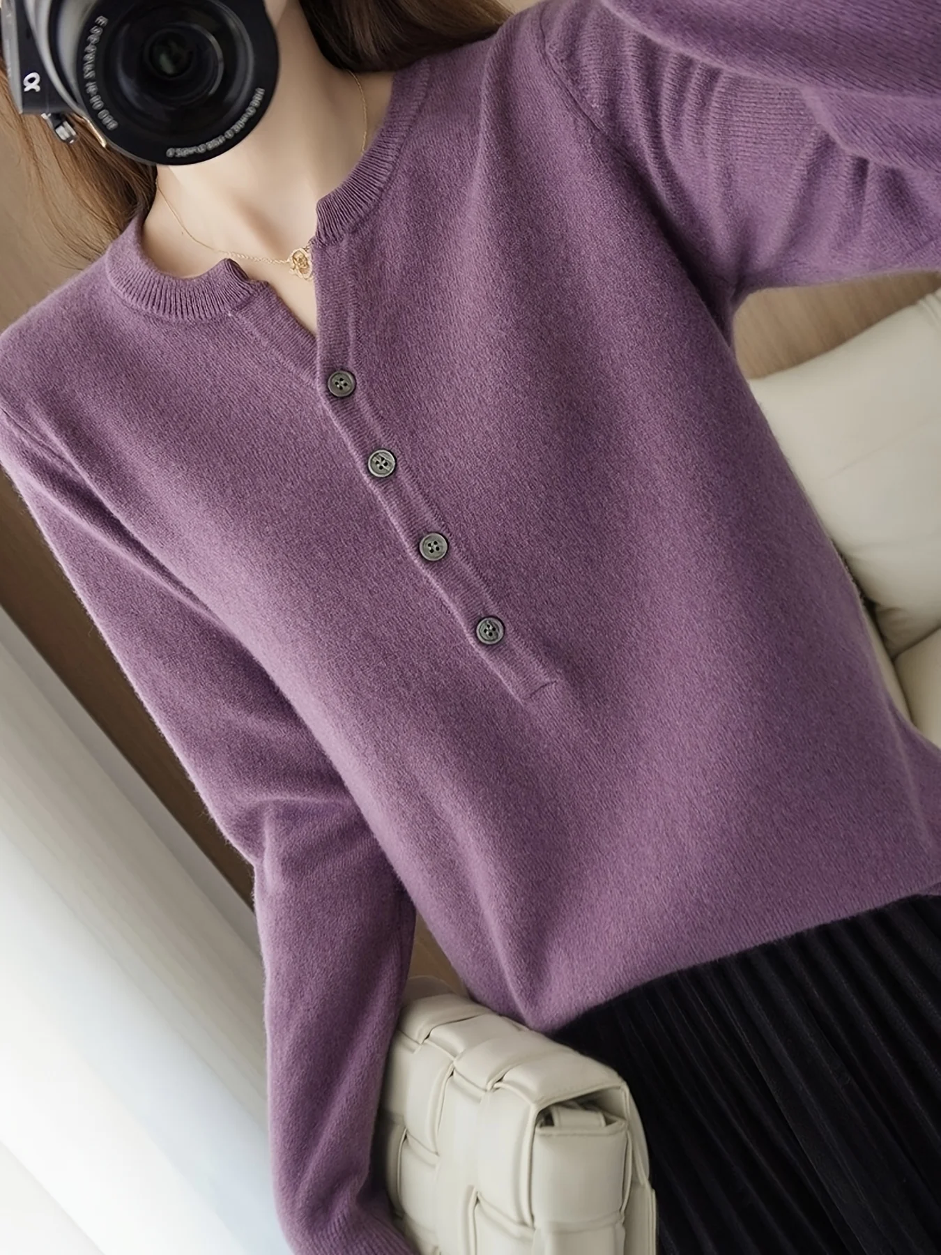 Solid Color Long Sleeve V-Neck T-Shirt for Women, New Fashion Simple Elegant Top - 图片 9