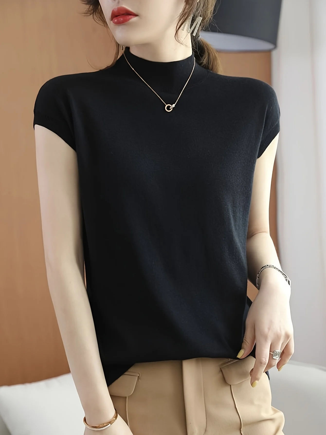 New Light Mature Style Temperament Top Ice Sweater Women'S Summer Thin Semi-High Neck Short Sleeve T-Shirt Fashion Top - 图片 11