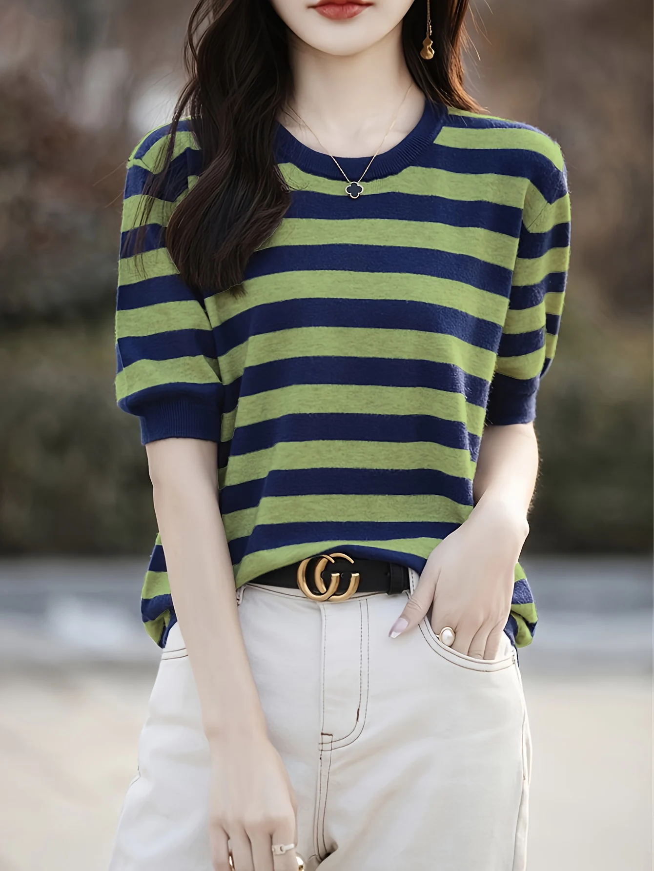 New Striped T-Shirt for Women, Loose Fit Crew Neck Pullover, Women's Short Sleeve T-Shirt, Straight Top for Women - 图片 2