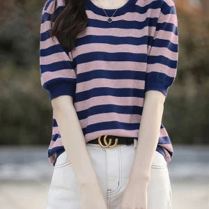 New Striped T-Shirt for Women, Loose Fit Crew Neck Pullover, Women's Short Sleeve T-Shirt, Straight Top for Women