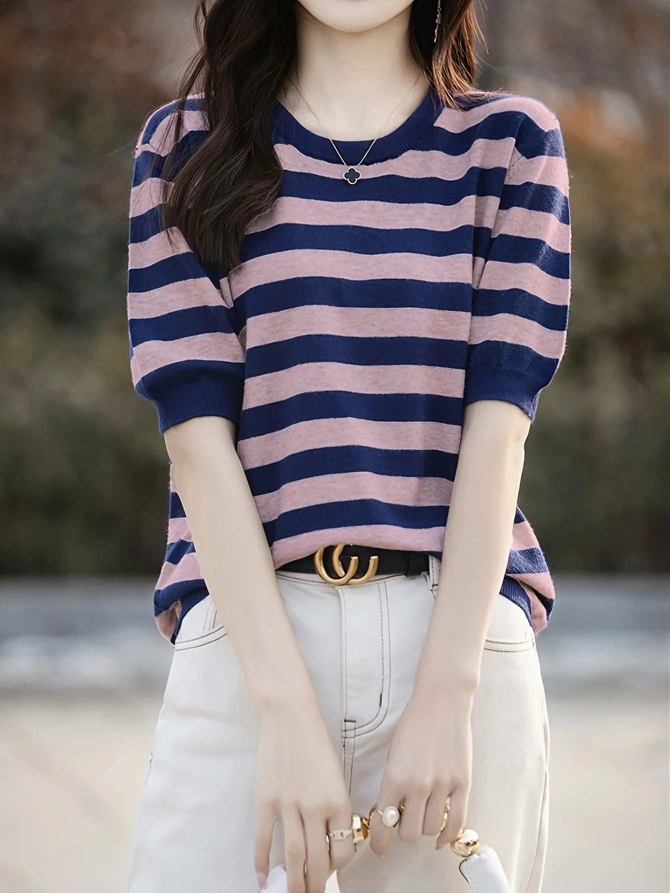 New Striped T-Shirt for Women, Loose Fit Crew Neck Pullover, Women's Short Sleeve T-Shirt, Straight Top for Women - 图片 3