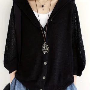 Women's New Style Fine-Spun Cardigan Jacket, Solid Color Loose Fit Hooded Outerwear, Thin Hollow-Out Three-Quarter Sleeve Top