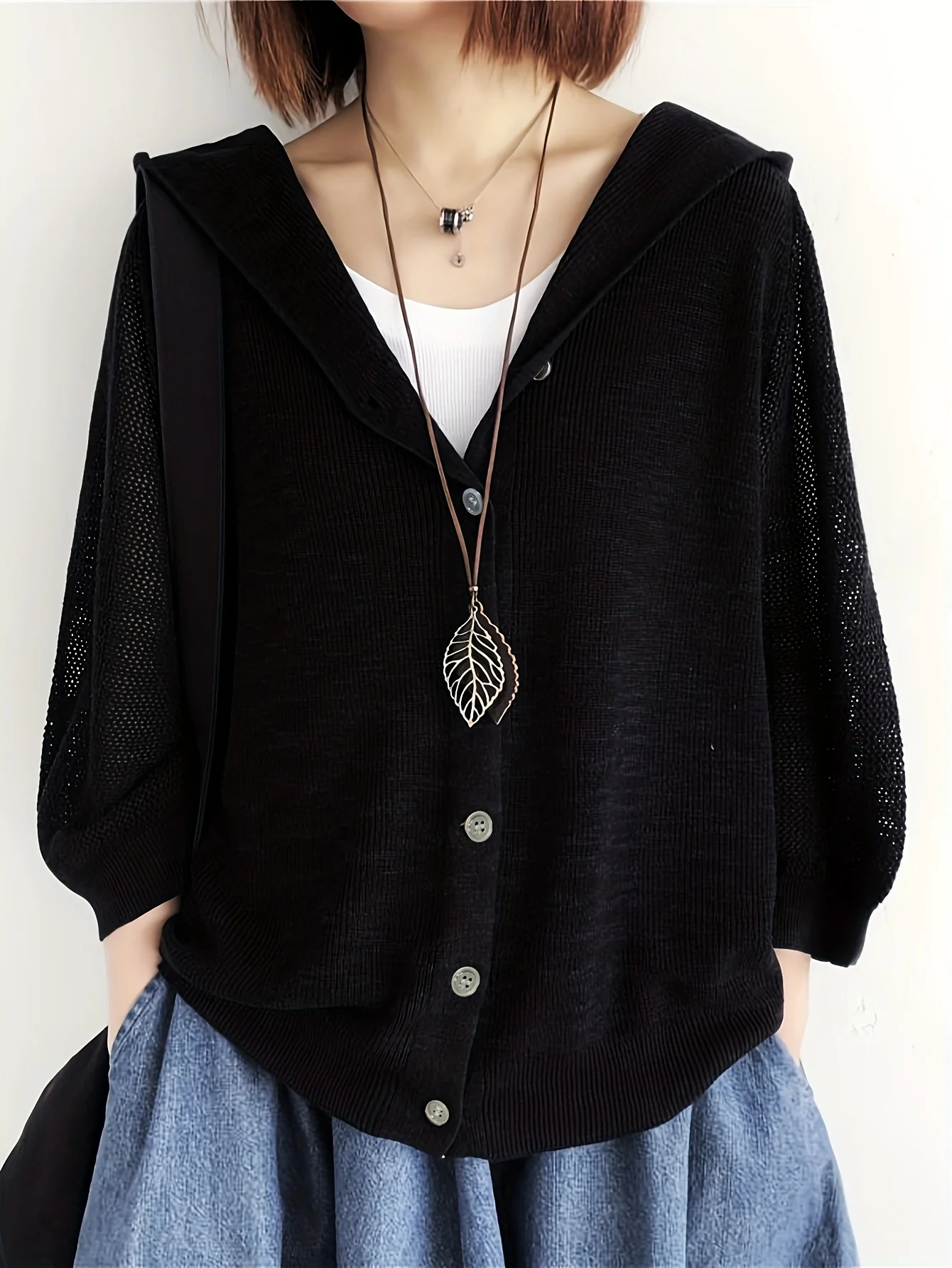 Women's New Style Fine-Spun Cardigan Jacket, Solid Color Loose Fit Hooded Outerwear, Thin Hollow-Out Three-Quarter Sleeve Top