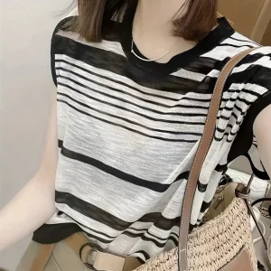 Striped Contrast Ice Fiber Fabric Short Sleeve Top Women'S Summer European Style Loose Thin Sheer T-Shirt Top