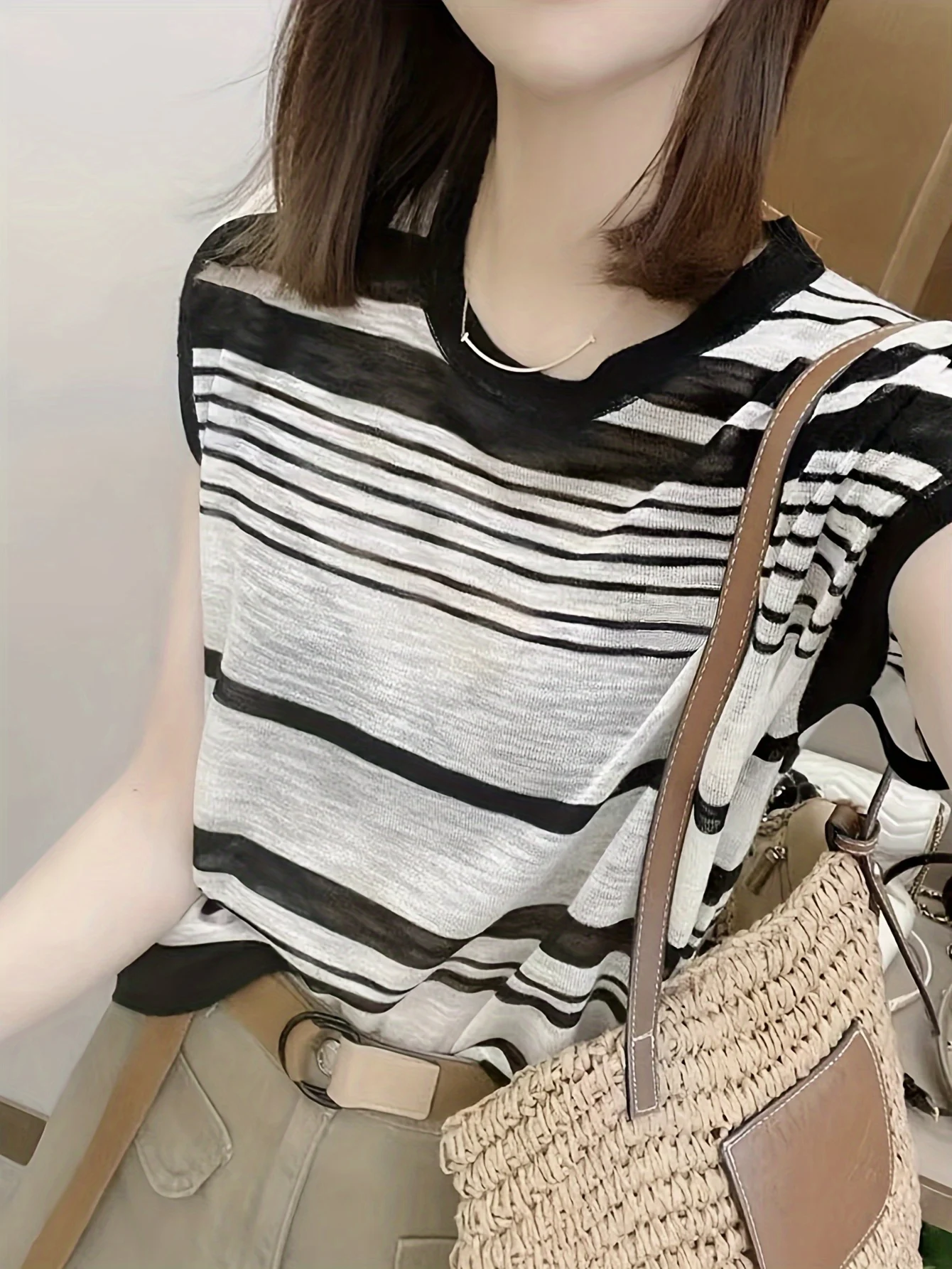 Striped Contrast Ice Fiber Fabric Short Sleeve Top Women'S Summer European Style Loose Thin Sheer T-Shirt Top