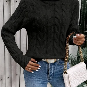 Chic Cable Knit Turtleneck Sweater for Women - Casual Long Sleeve, High Stretch, Solid Color Pullover