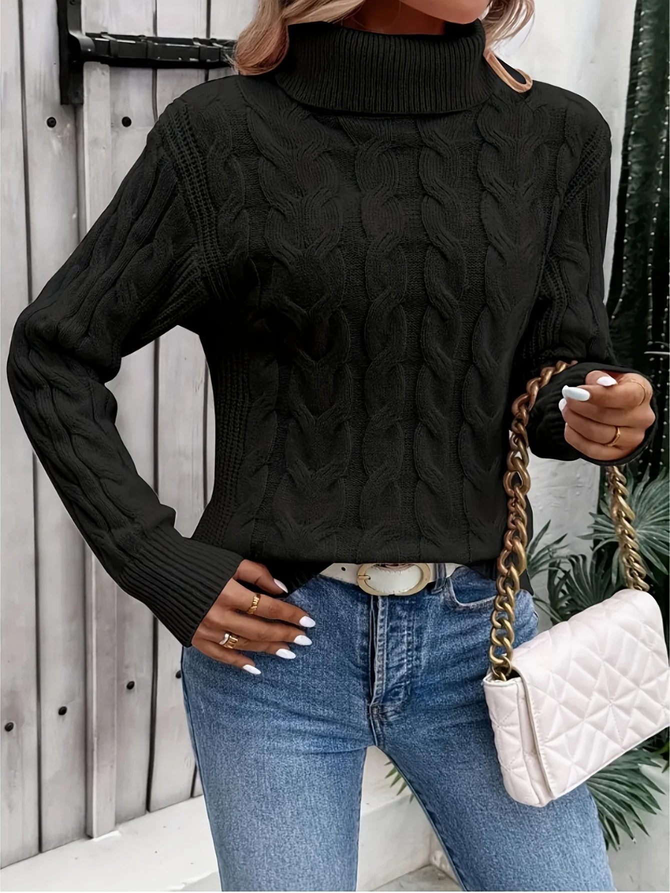 Chic Cable Knit Turtleneck Sweater for Women - Casual Long Sleeve, High Stretch, Solid Color Pullover