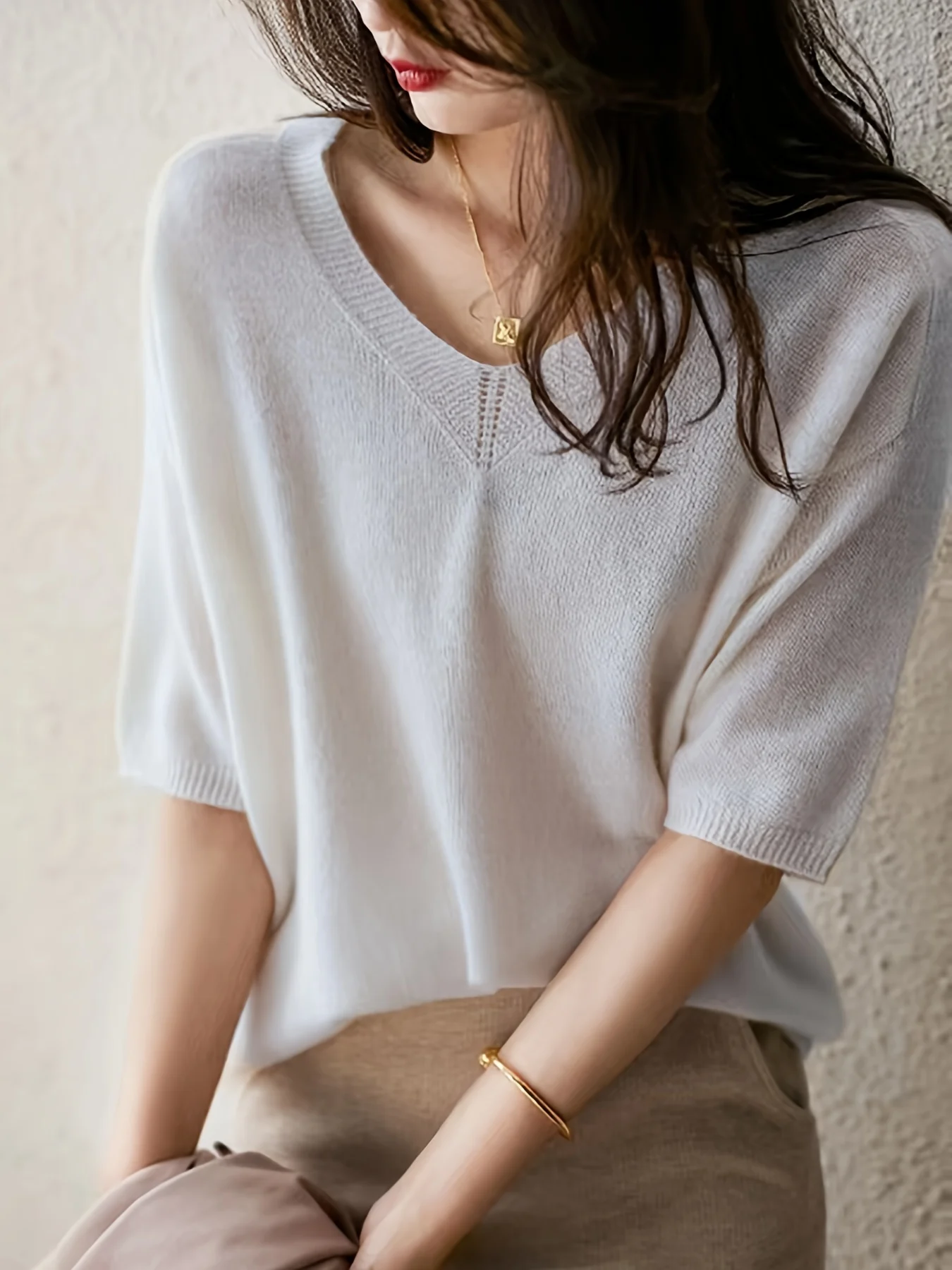 New Short Sleeve T-Shirt Women'S Thin Loose V-Neck Premium Breathable Top - 图片 16