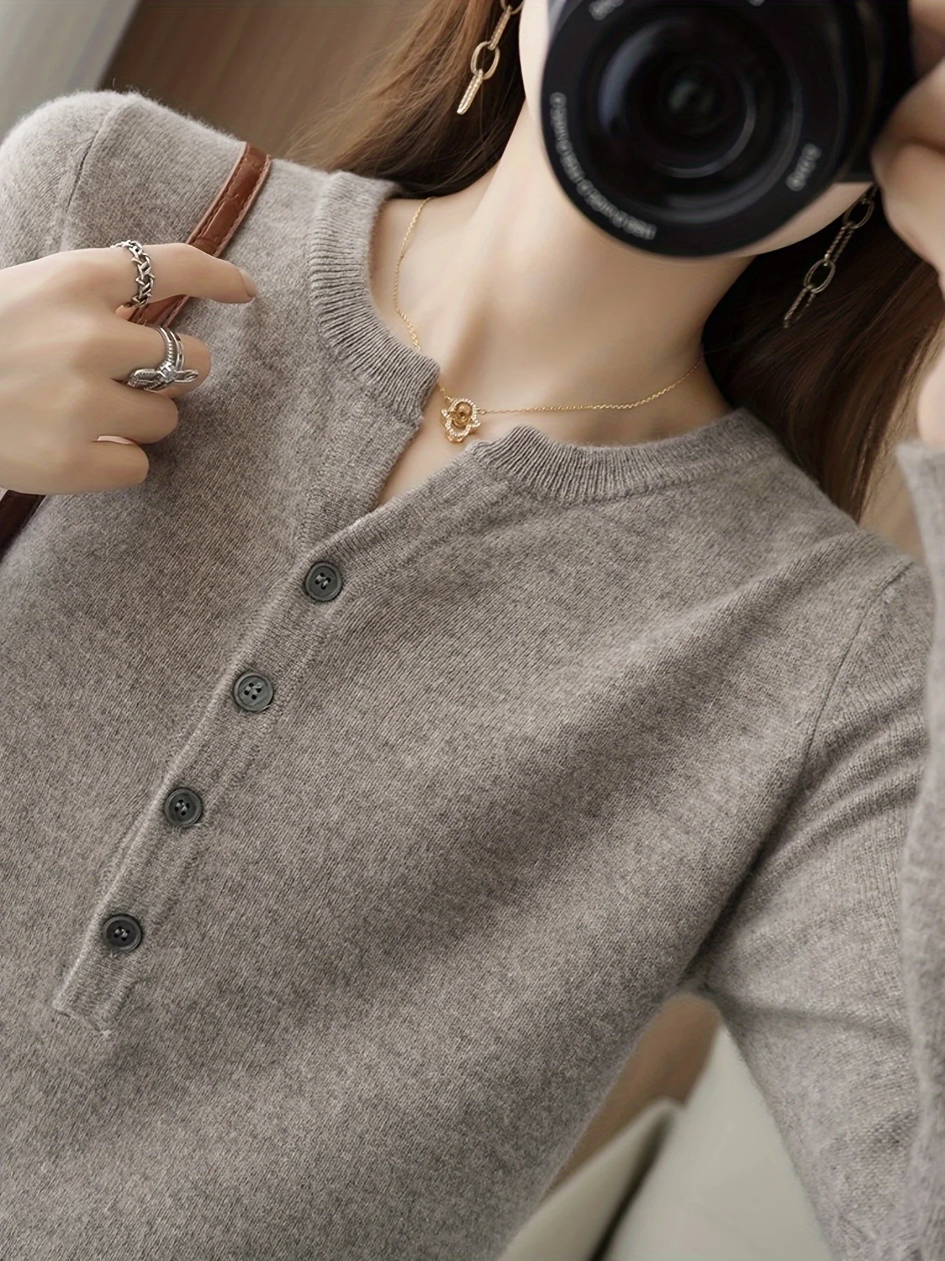 Solid Color Long Sleeve V-Neck T-Shirt for Women, New Fashion Simple Elegant Top - 图片 7