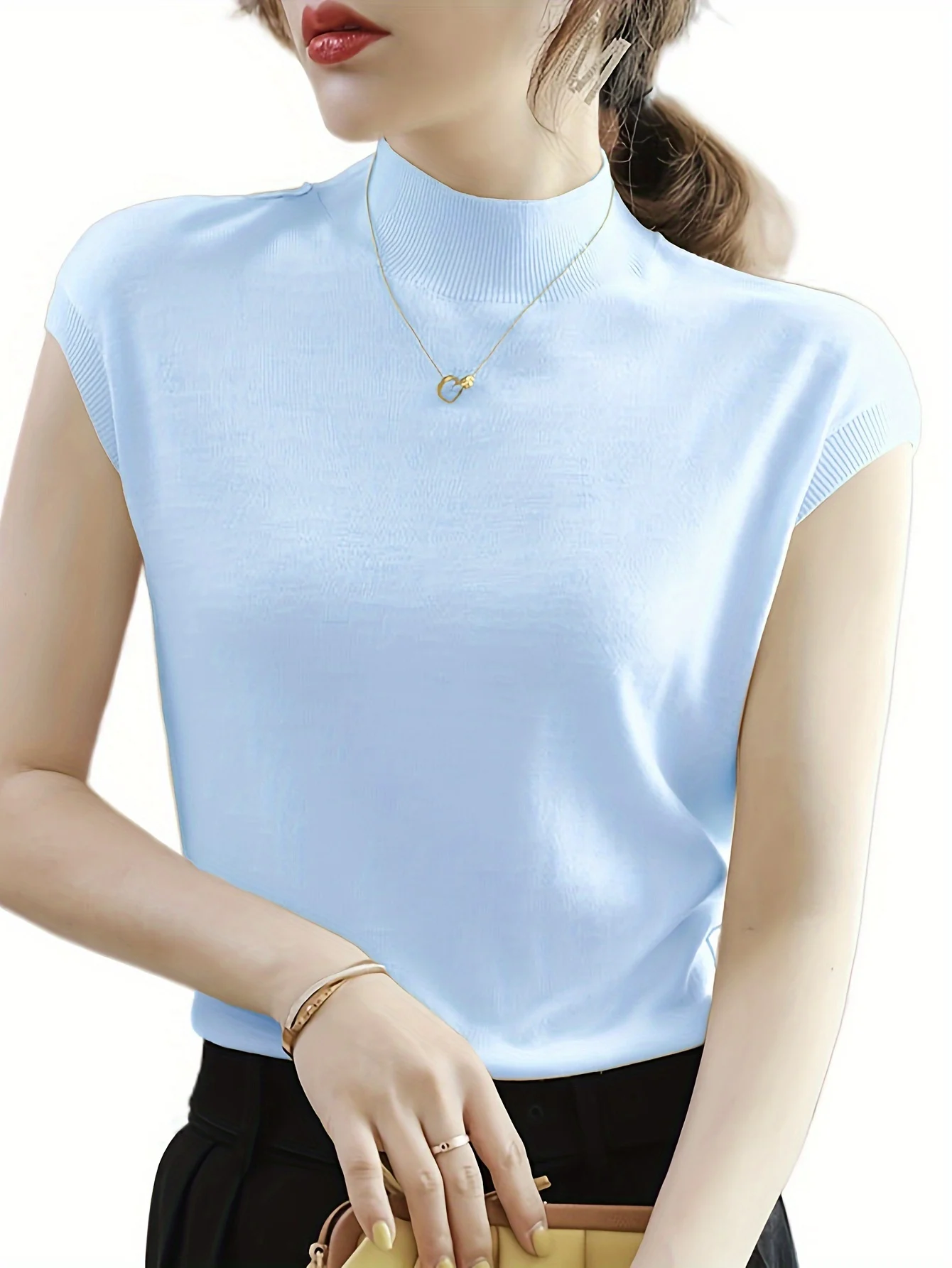 New Light Mature Style Temperament Top Ice Sweater Women'S Summer Thin Semi-High Neck Short Sleeve T-Shirt Fashion Top - 图片 17