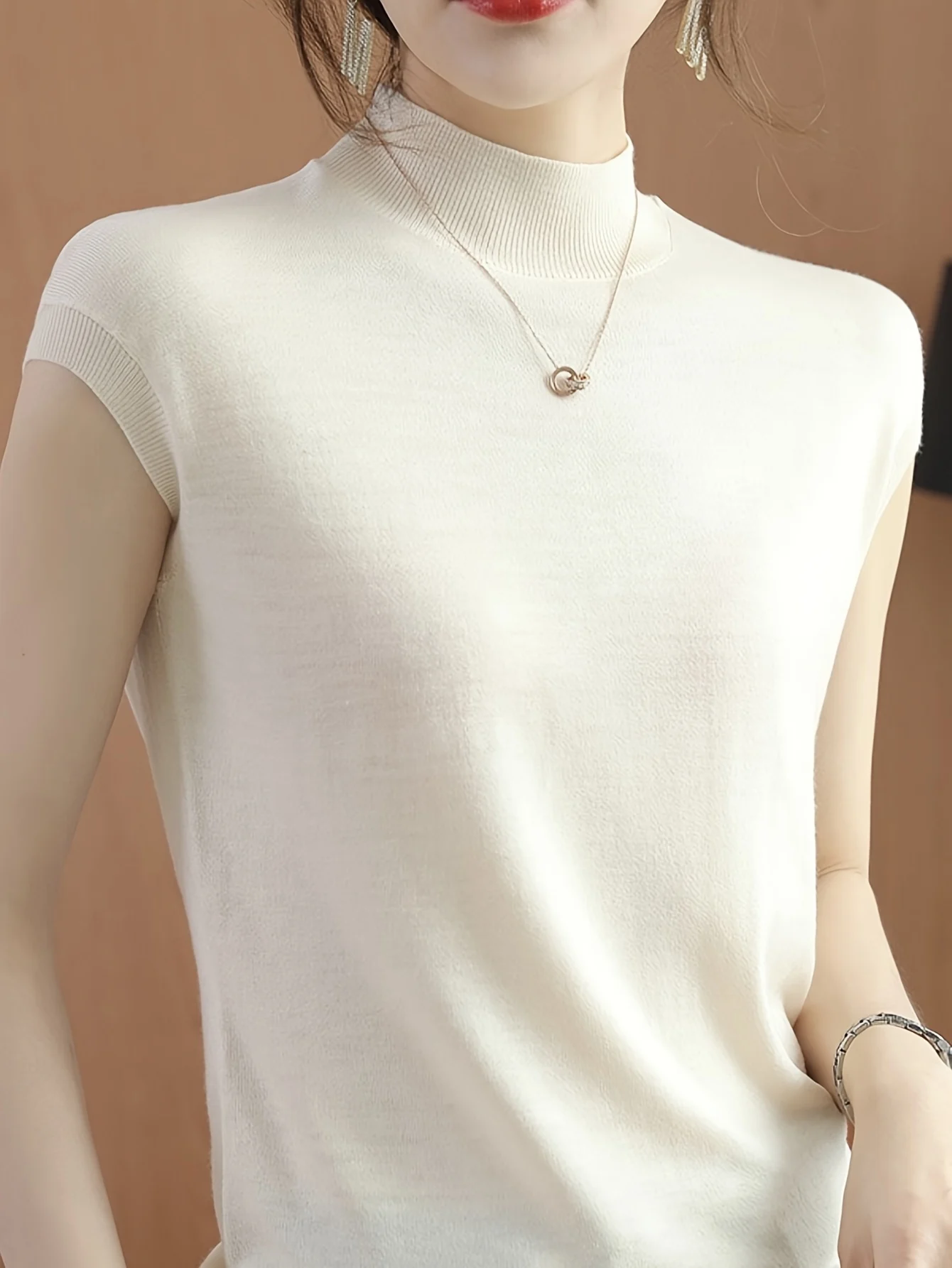 New Light Mature Style Temperament Top Ice Sweater Women'S Summer Thin Semi-High Neck Short Sleeve T-Shirt Fashion Top - 图片 5