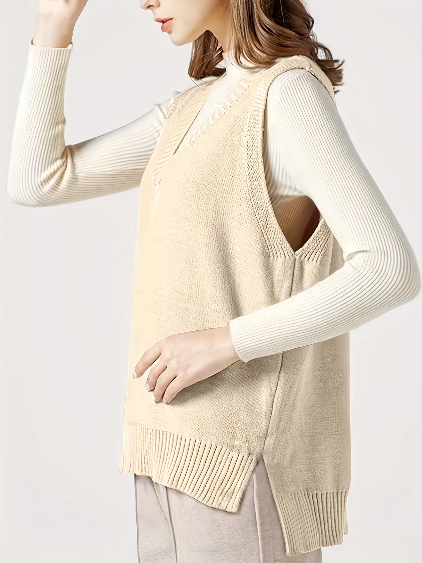 Valentine's Day Side Split V Neck Sweater Vest, Vacation Knitted Sleeveless Sweater Vest, Women's Clothing - 图片 4