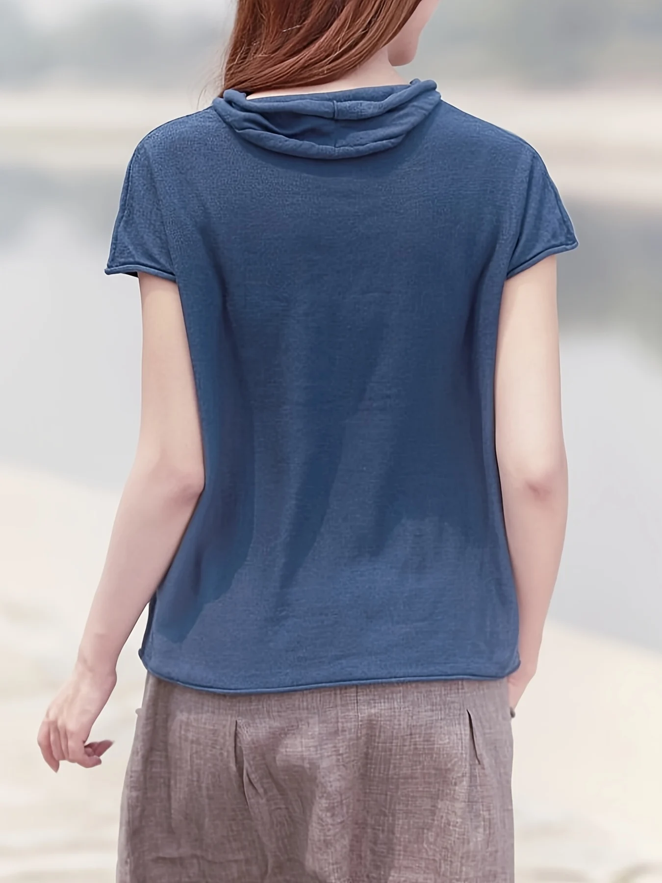 Fine New Solid Color T-Shirt Women'S V-Neck Short Sleeve Loose Casual Sweater Top - 图片 6