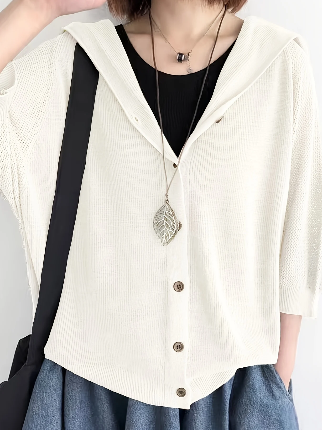 Women's New Style Fine-Spun Cardigan Jacket, Solid Color Loose Fit Hooded Outerwear, Thin Hollow-Out Three-Quarter Sleeve Top - 图片 6