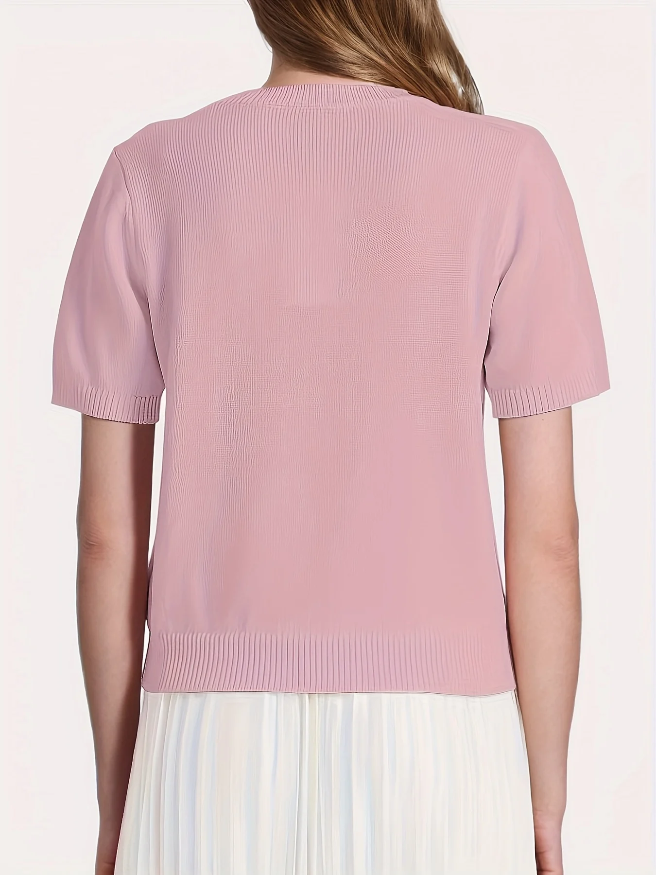 Embroidered Knit Sweater, Elegant Crew Neck Short Sleeve Sweater, Women's Clothing - 图片 4