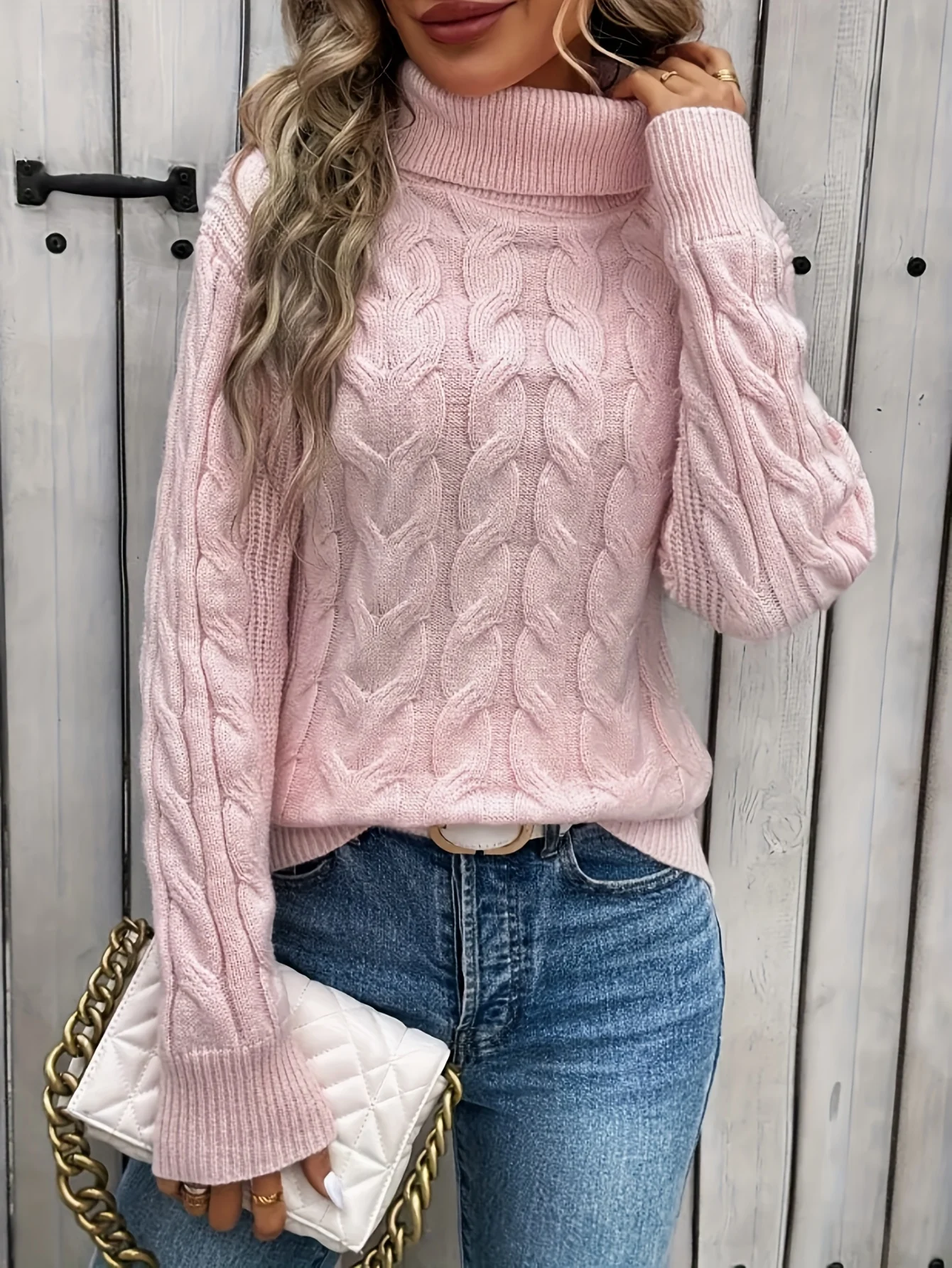 Chic Cable Knit Turtleneck Sweater for Women - Casual Long Sleeve, High Stretch, Solid Color Pullover - 图片 6