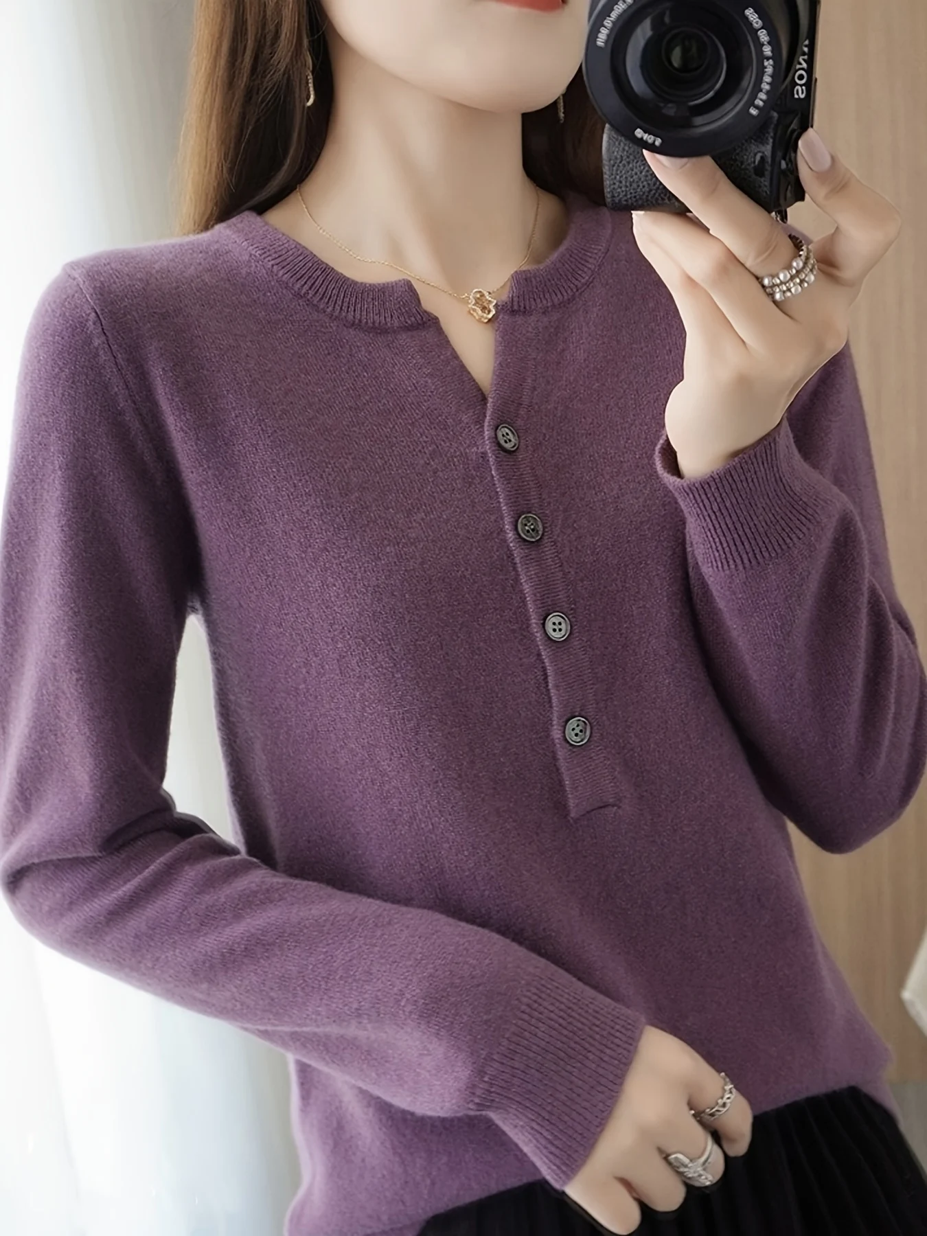 Solid Color Long Sleeve V-Neck T-Shirt for Women, New Fashion Simple Elegant Top - 图片 6