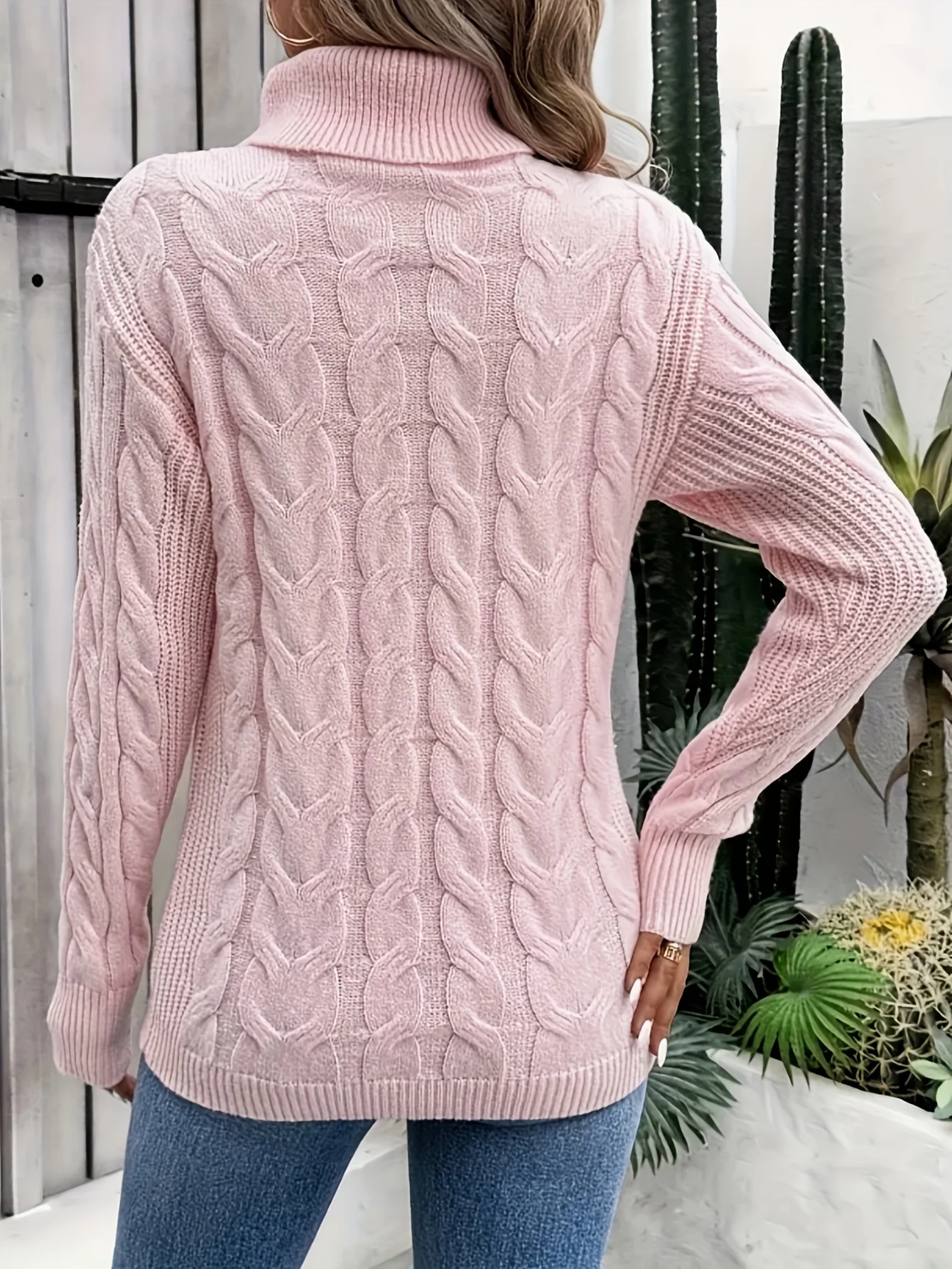 Chic Cable Knit Turtleneck Sweater for Women - Casual Long Sleeve, High Stretch, Solid Color Pullover - 图片 4