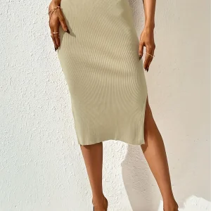 High Waist Split Bodycon Skirt, Elegant Versatile Solid Skirt For Spring & Fall, Women's Clothing